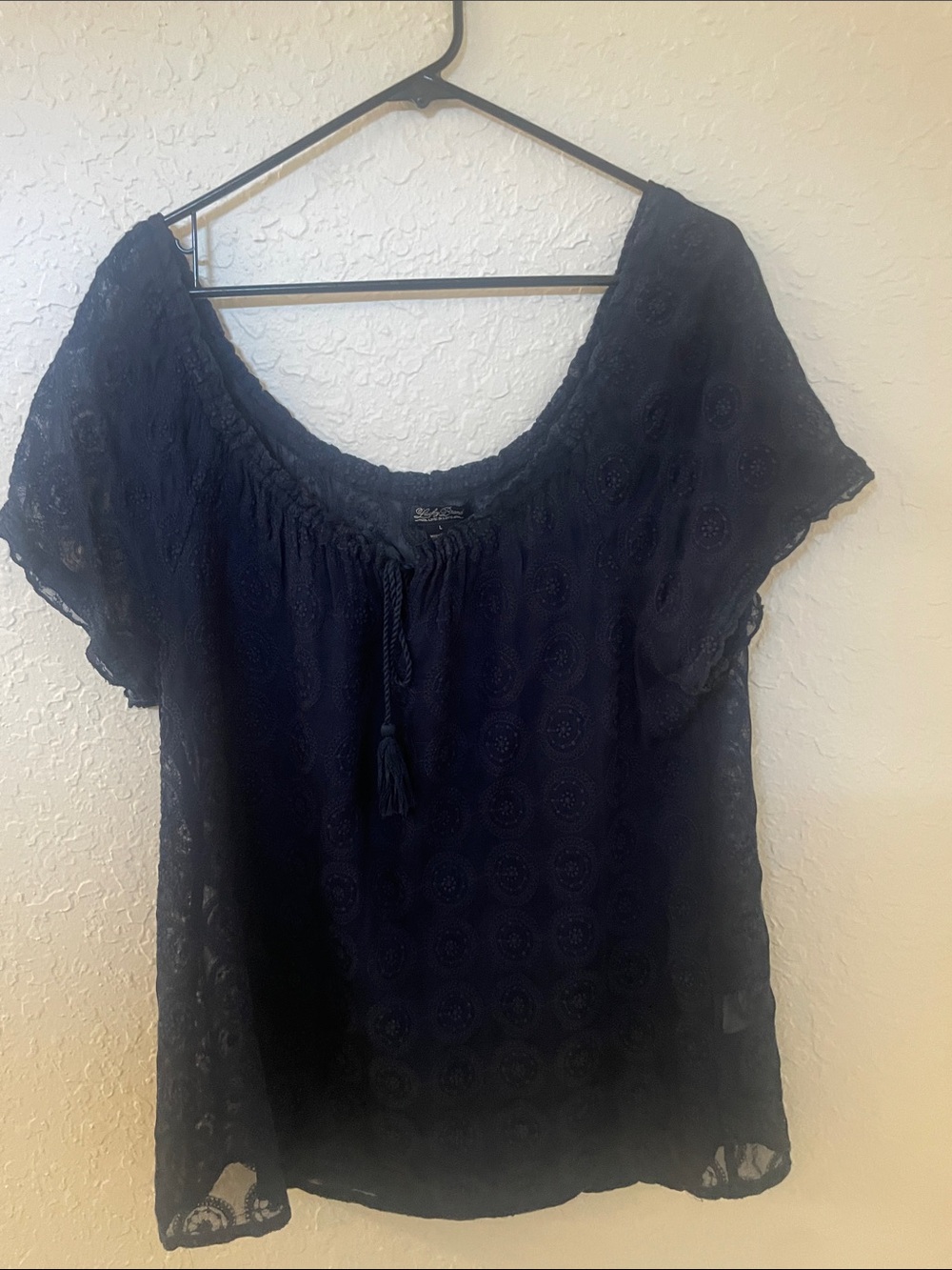 Lucky Brand Navy Eyelet Lace Peasant Blouse with Tassel